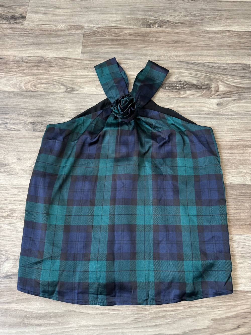Ann Taylor Tartan Halter Top Rosette Drape Neck Navy Plaid Blouse NWT Size Small